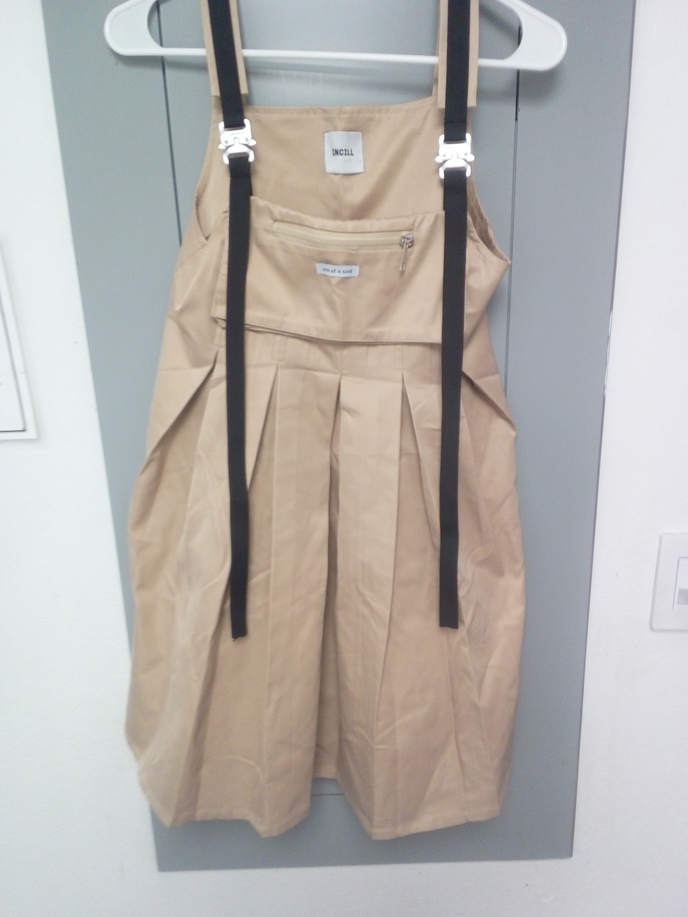 Beige Pleated Overall Dress with Black Straps